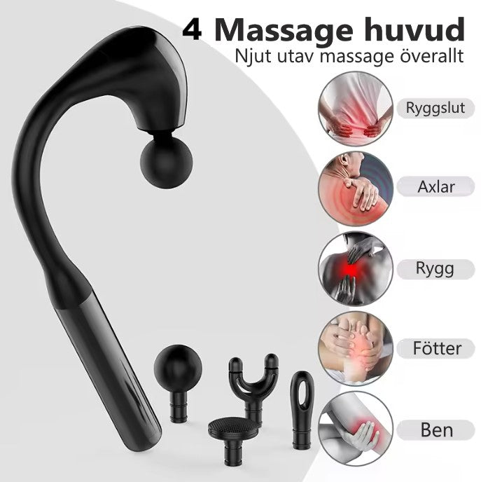 Informationsbild var den flexibla massagepistolen kommer åt ex ryggslut, axlar, rygg, fötter och ben